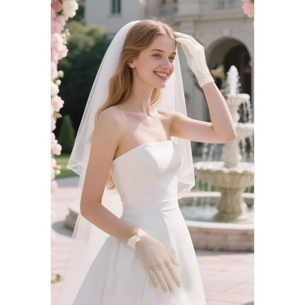 Women's White Banquet Tulle Short Lace Gloves Summer Party Wedding Dancing Prom